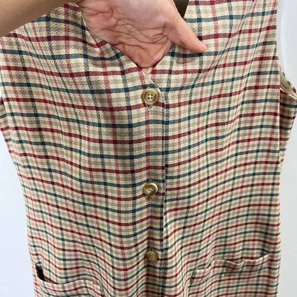 Vintage Plaid Vest Dress Button Down Tan Neutral Academia Preppy Sz Small - Picture 5 of 9